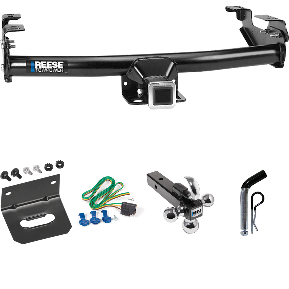 Fits 1977-1993 Dodge D150 Trailer Hitch Tow PKG w/ 4-Flat Wiring Harness + Triple Ball Ball Mount 1-7/8" & 2" & 2-5/16" Trailer Balls w/ Tow Hook + Pin/Clip + Wiring Bracket By Reese Towpower