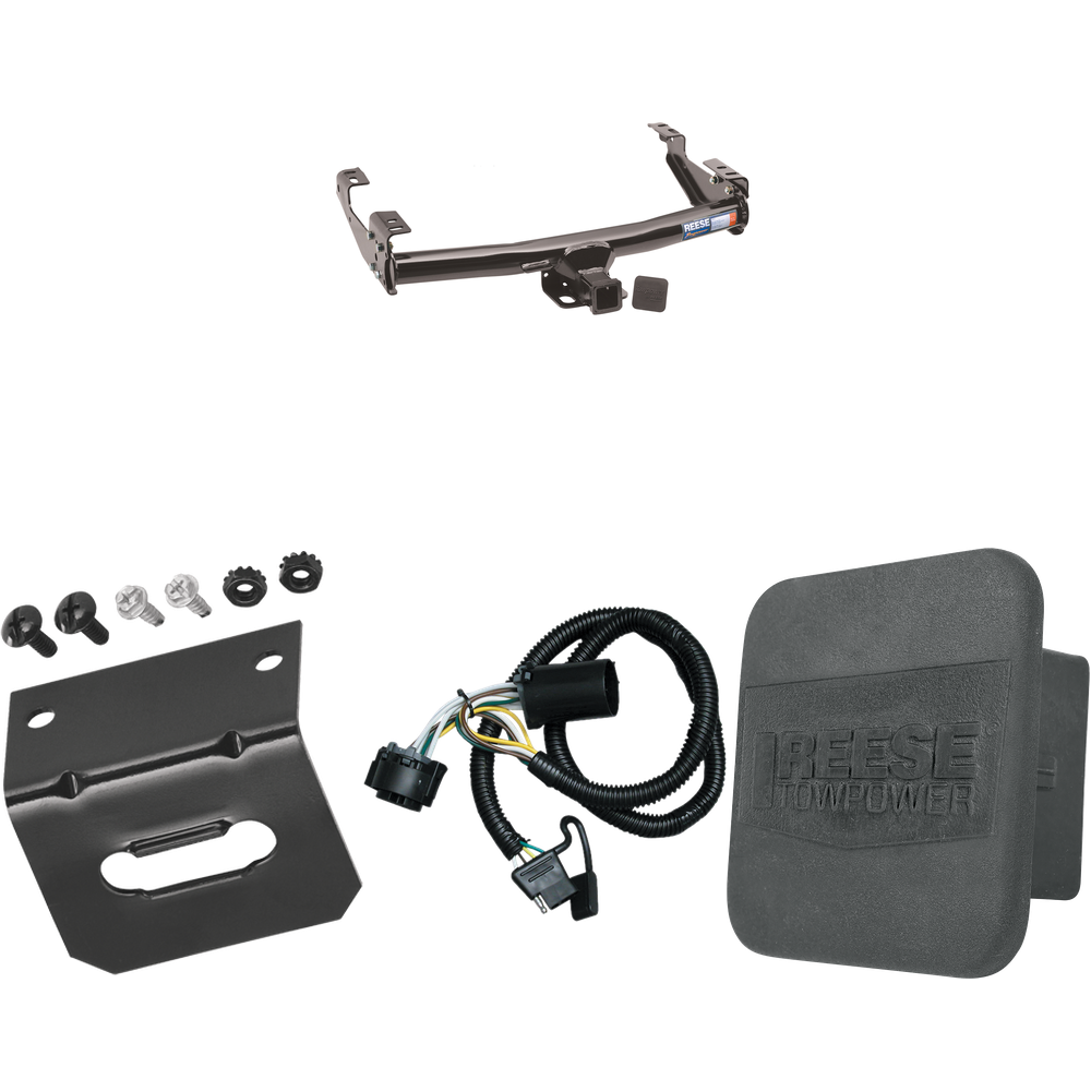 Se adapta al paquete de enganche de remolque Chevrolet Silverado 2500 1999-2002 con arnés de cableado de 4 planos + soporte de cableado + cubierta de enganche de Reese Towpower