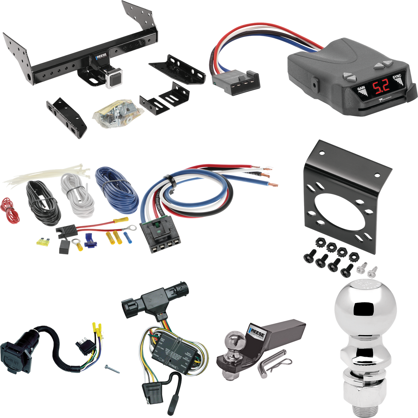 Se adapta al paquete de enganche de remolque Mazda B2300 1994-2009 con control de freno Tekonsha Brakeman IV + adaptador de cableado BC genérico + cableado RV de 7 vías + soporte de bola y caída de 2" y 2-5/16" de Reese Towpower