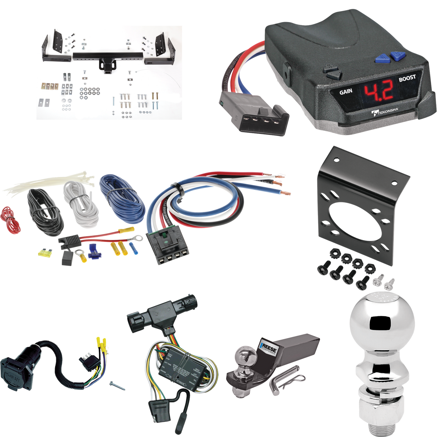 Fits 1998-1999 Ford Ranger Trailer Hitch Tow PKG w/ Tekonsha BRAKE-EVN Brake Control + Generic BC Wiring Adapter + 7-Way RV Wiring + 2" & 2-5/16" Ball & Drop Mount (Excludes: Flareside or w/Rear Fascia Models) By Reese Towpower