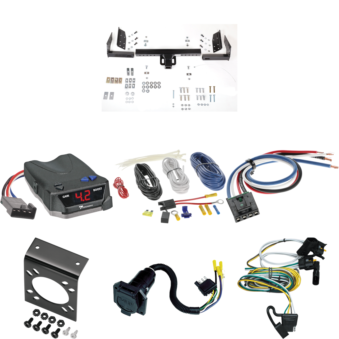 Fits 2000-2003 Ford Ranger Trailer Hitch Tow PKG w/ Tekonsha BRAKE-EVN Brake Control + Generic BC Wiring Adapter + 7-Way RV Wiring (Excludes: Flareside or w/Rear Fascia Models) By Reese Towpower