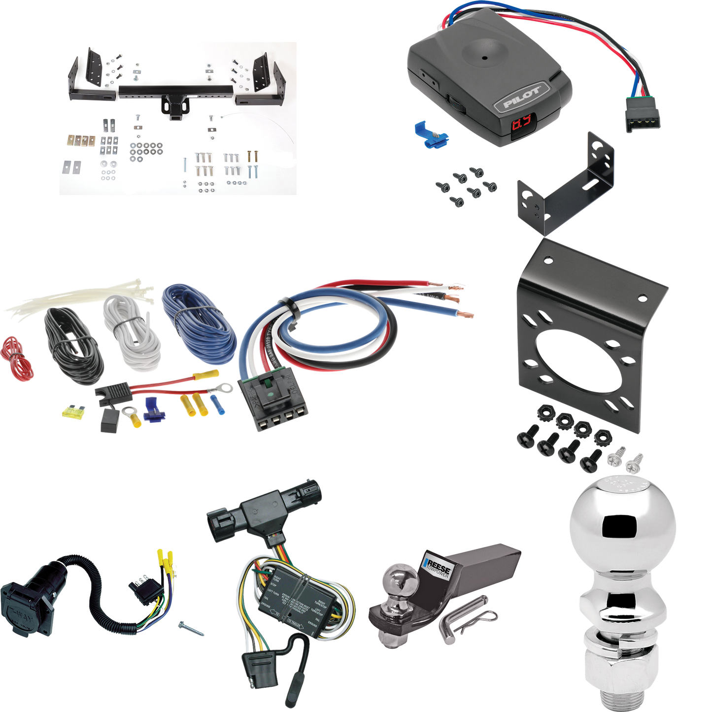 Se adapta al paquete de enganche de remolque Mazda serie B 1994-2009 con control de freno piloto serie Pro + adaptador de cableado BC genérico + cableado RV de 7 vías + soporte de bola y caída de 2" y 2-5/16" de Reese Towpower