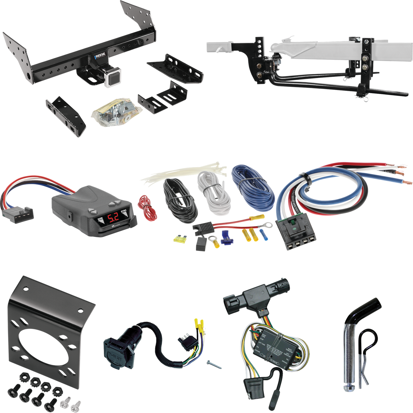 Fits 1993-1997 Ford Ranger Trailer Hitch Tow PKG w/ 6K Round Bar Weight Distribution Hitch w/ 2-5/16" Ball + Pin/Clip + Tekonsha Brakeman IV Brake Control + Generic BC Wiring Adapter + 7-Way RV Wiring (Excludes: w/Rear Fascia Models) By Reese Towpowe