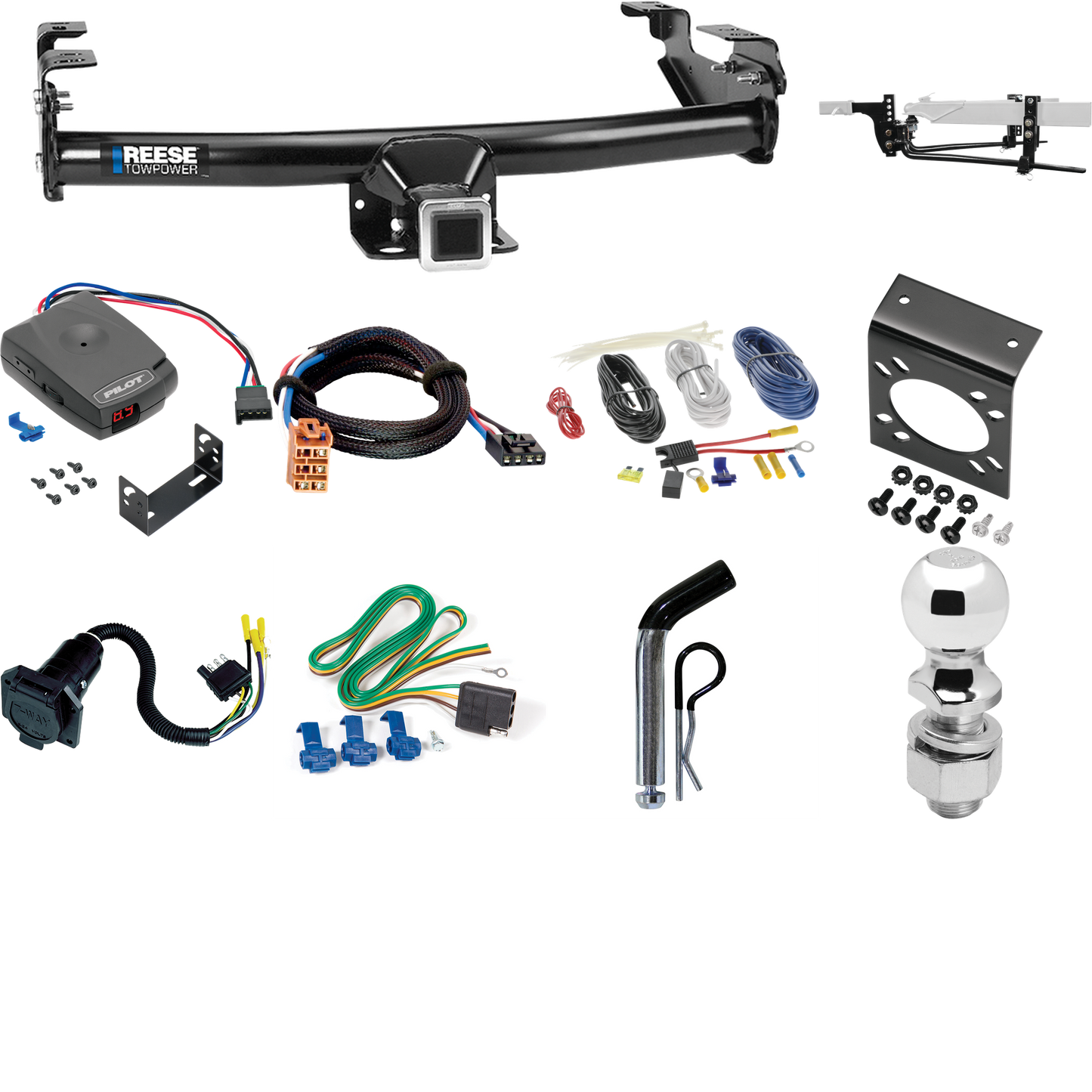 Fits 2005-2007 Chevrolet Silverado 1500 HD Trailer Hitch Tow PKG w/ 8K Round Bar Weight Distribution Hitch w/ 2-5/16" Ball + 2" Ball + Pin/Clip + Pro Series Pilot Brake Control + Plug & Play BC Adapter + 7-Way RV Wiring (For (Classic) Models) By Rees