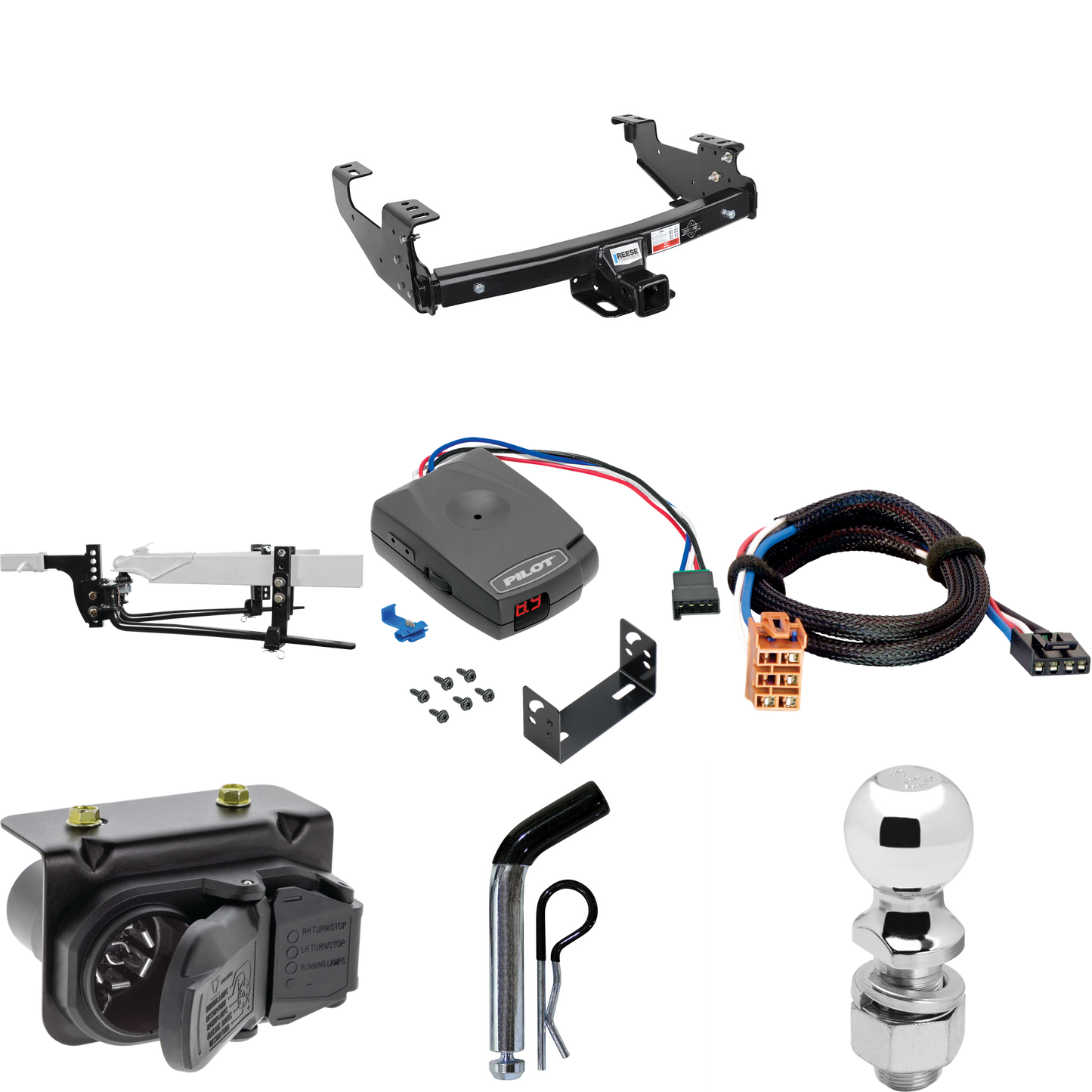 Fits 2006-2006 GMC Sierra 1500 HD Trailer Hitch Tow PKG w/ 8K Round Bar Weight Distribution Hitch w/ 2-5/16" Ball + 2" Ball + Pin/Clip + Pro Series Pilot Brake Control + Plug & Play BC Adapter + 7-Way RV Wiring (For 6.6 ft. Bed Models) By Reese Towpo