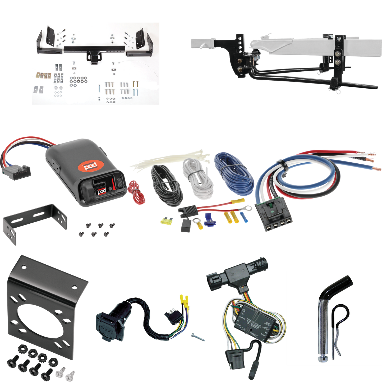 Fits 1993-1997 Ford Ranger Trailer Hitch Tow PKG w/ 6K Round Bar Weight Distribution Hitch w/ 2-5/16" Ball + Pin/Clip + Pro Series POD Brake Control + Generic BC Wiring Adapter + 7-Way RV Wiring (Excludes: w/Rear Fascia Models) By Reese Towpower