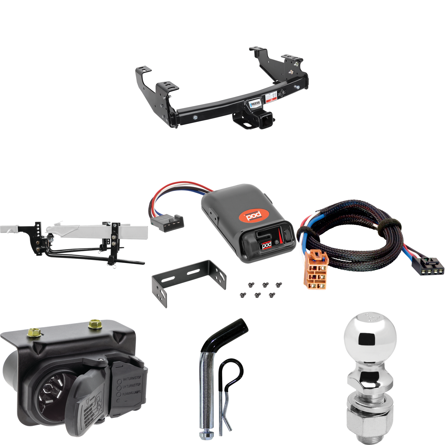 Fits 2007-2007 GMC Sierra 1500 HD Trailer Hitch Tow PKG w/ 8K Round Bar Weight Distribution Hitch w/ 2-5/16" Ball + 2" Ball + Pin/Clip + Pro Series POD Brake Control + Plug & Play BC Adapter + 7-Way RV Wiring (For (Classic), 6.6 ft. Bed Models) By Re