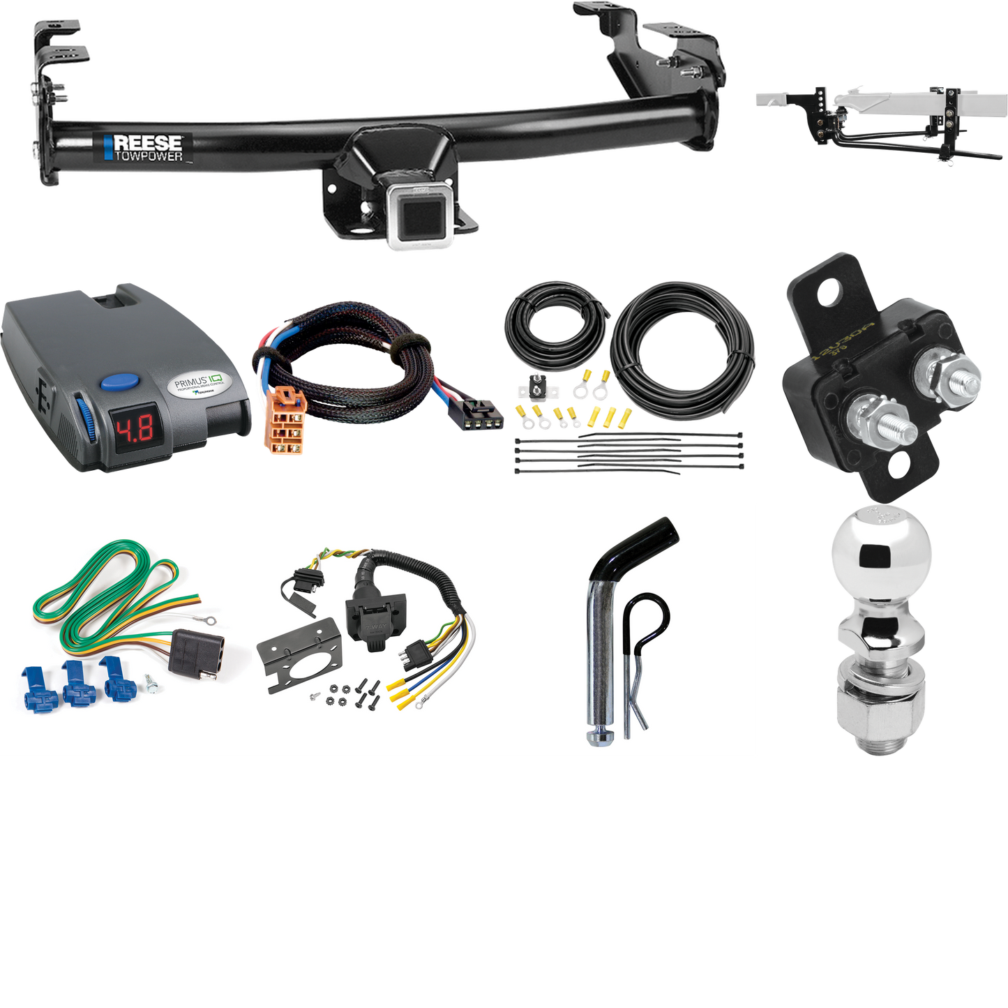 Fits 2005-2007 Chevrolet Silverado 1500 HD Trailer Hitch Tow PKG w/ 8K Round Bar Weight Distribution Hitch w/ 2-5/16" Ball + 2" Ball + Pin/Clip + Tekonsha Primus IQ Brake Control + Plug & Play BC Adapter + 7-Way RV Wiring (For (Classic) Models) By Re