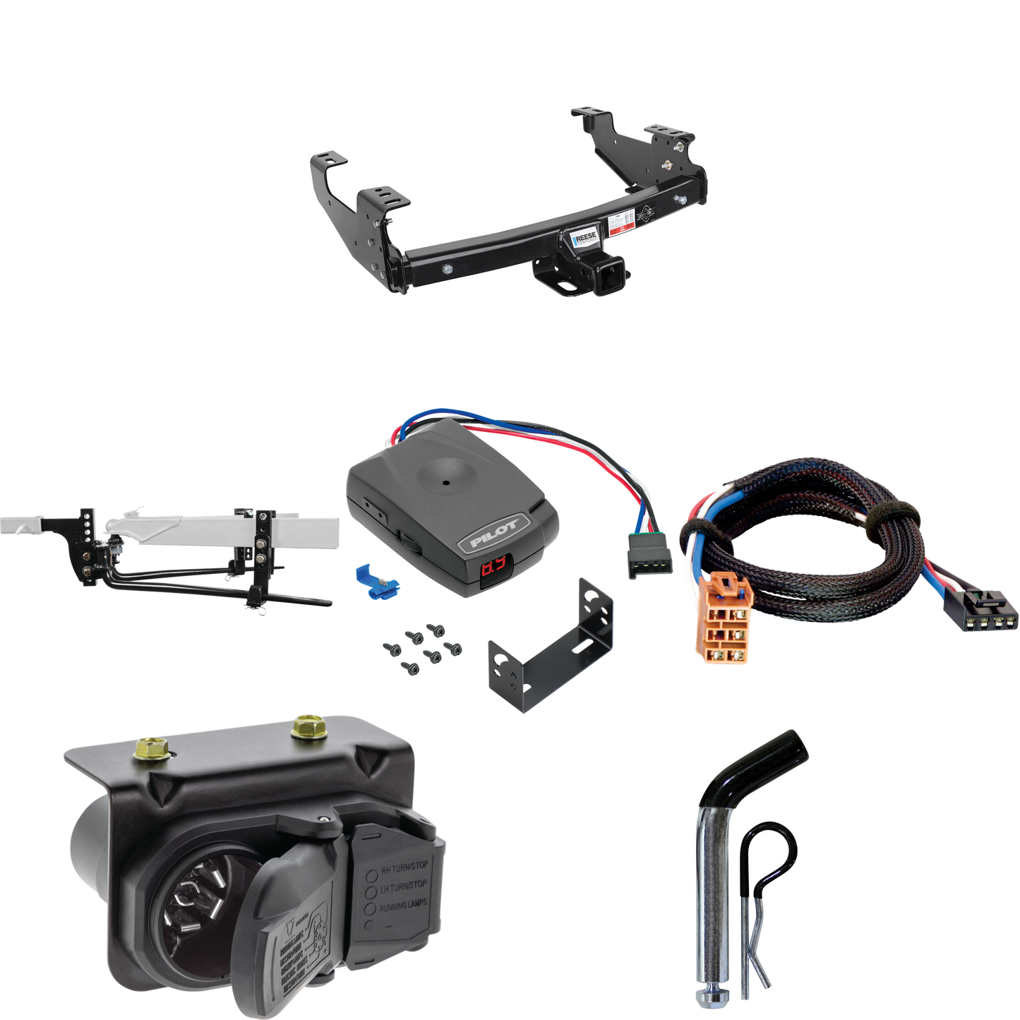 Fits 2007-2007 Chevrolet Silverado 1500 HD Trailer Hitch Tow PKG w/ 8K Round Bar Weight Distribution Hitch w/ 2-5/16" Ball + Pin/Clip + Pro Series Pilot Brake Control + Plug & Play BC Adapter + 7-Way RV Wiring (For (Classic) Models) By Reese Towpower