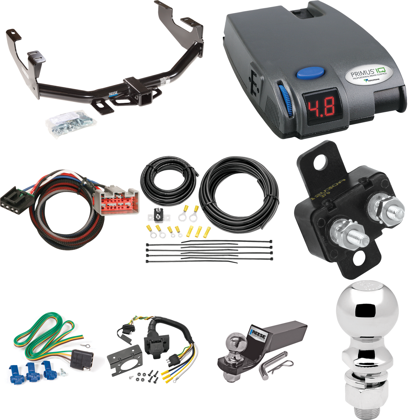 Fits 2002-2004 Ford F-250 Super Duty Trailer Hitch Tow PKG w/ Tekonsha Primus IQ Brake Control + Plug & Play BC Adapter + 7-Way RV Wiring + 2" & 2-5/16" Ball & Drop Mount (Excludes: Cab & Chassis Models) By Reese Towpower