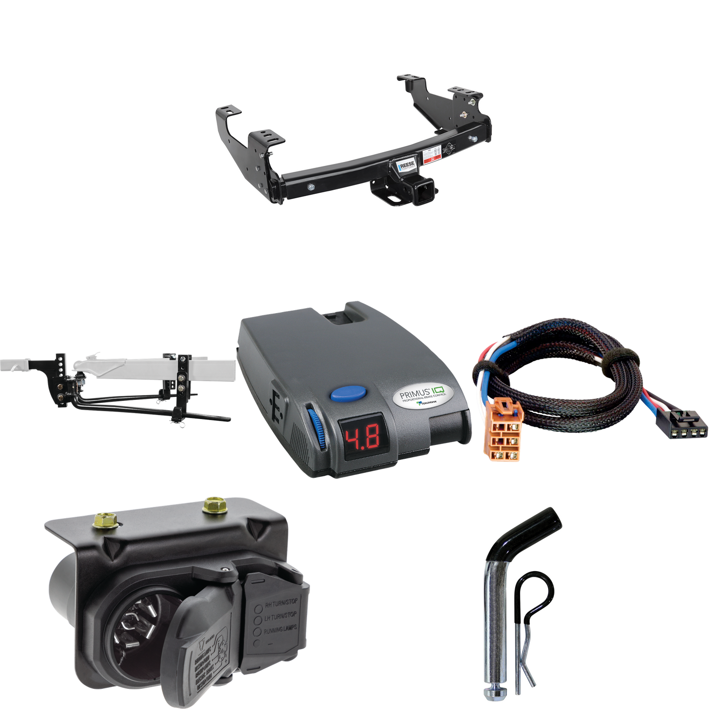 Fits 2007-2007 Chevrolet Silverado 1500 Trailer Hitch Tow PKG w/ 8K Round Bar Weight Distribution Hitch w/ 2-5/16" Ball + Pin/Clip + Tekonsha Primus IQ Brake Control + Plug & Play BC Adapter + 7-Way RV Wiring (For (Classic) Models) By Reese Towpower