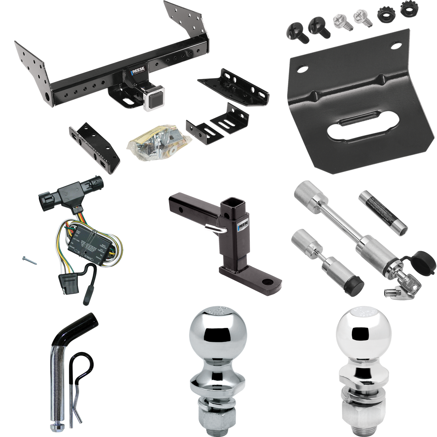 Fits 1993-1997 Ford Ranger Trailer Hitch Tow PKG w/ 4-Flat Wiring Harness + Adjustable Drop Rise Ball Mount + Pin/Clip + 2" Ball + 1-7/8" Ball + Dual Hitch & Coupler Locks (Excludes: w/Rear Fascia Models) By Reese Towpower