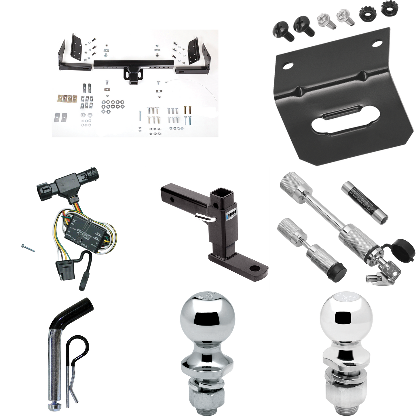 Se adapta al paquete de enganche de remolque Mazda Serie B 1994-2009 con arnés de cableado plano de 4 + soporte de bola ajustable + pasador/clip + bola de 2" + bola de 1-7/8" + enganche doble y cerraduras de acoplador de Reese Towpower