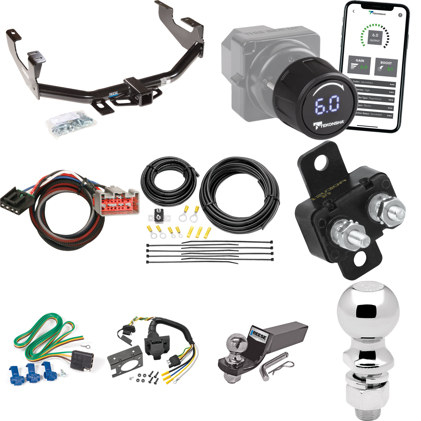 Fits 2002-2004 Ford F-250 Super Duty Trailer Hitch Tow PKG w/ Tekonsha Prodigy iD Bluetooth Wireless Brake Control + Plug & Play BC Adapter + 7-Way RV Wiring + 2" & 2-5/16" Ball & Drop Mount (Excludes: Cab & Chassis Models) By Reese Towpower