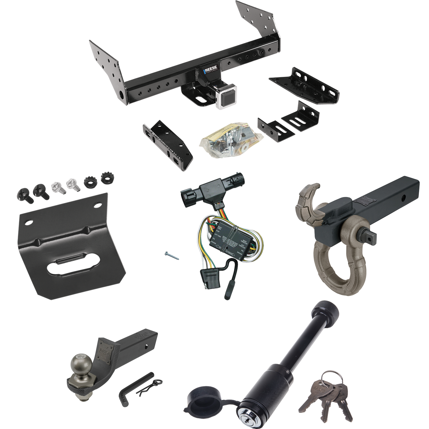 Fits 1994-2009 Mazda B4000 Trailer Hitch Tow PKG w/ 4-Flat Wiring + Interlock Tactical Starter Kit w/ 2" Drop & 2" Ball + Tactical Hook & Shackle Mount + Tactical Dogbone Lock + Wiring Bracket By Reese Towpower