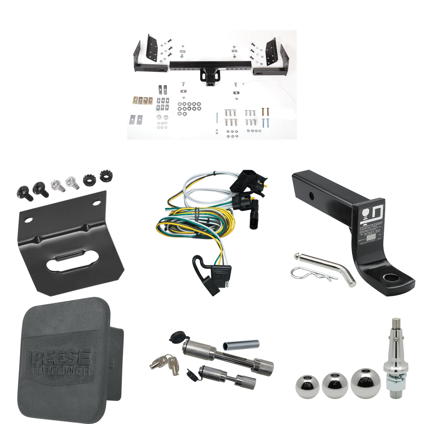 Fits 2000-2003 Ford Ranger Trailer Hitch Tow PKG w/ 4-Flat Wiring + Ball Mount w/ 4" Drop + Interchangeable Ball 1-7/8" & 2" & 2-5/16" + Wiring Bracket + Dual Hitch & Coupler Locks + Hitch Cover (Excludes: Flareside or w/Rear Fascia Models) By Reese