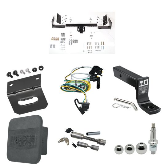 Fits 2000-2003 Ford Ranger Trailer Hitch Tow PKG w/ 4-Flat Wiring + Ball Mount w/ 4" Drop + Interchangeable Ball 1-7/8" & 2" & 2-5/16" + Wiring Bracket + Dual Hitch & Coupler Locks + Hitch Cover (Excludes: Flareside or w/Rear Fascia Models) By Reese