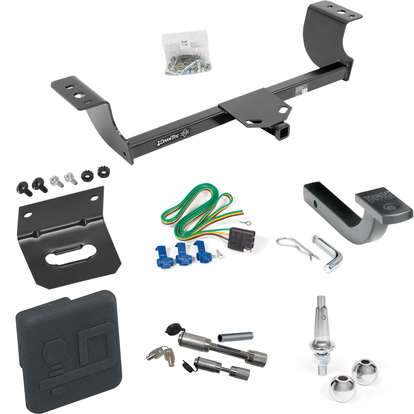 Fits 2005-2007 Chrysler 300 Trailer Hitch Tow PKG w/ 4-Flat Wiring Harness + Draw-Bar + Interchangeable 1-7/8" & 2" Balls + Wiring Bracket + Hitch Cover + Dual Hitch & Coupler Locks By Draw-Tite