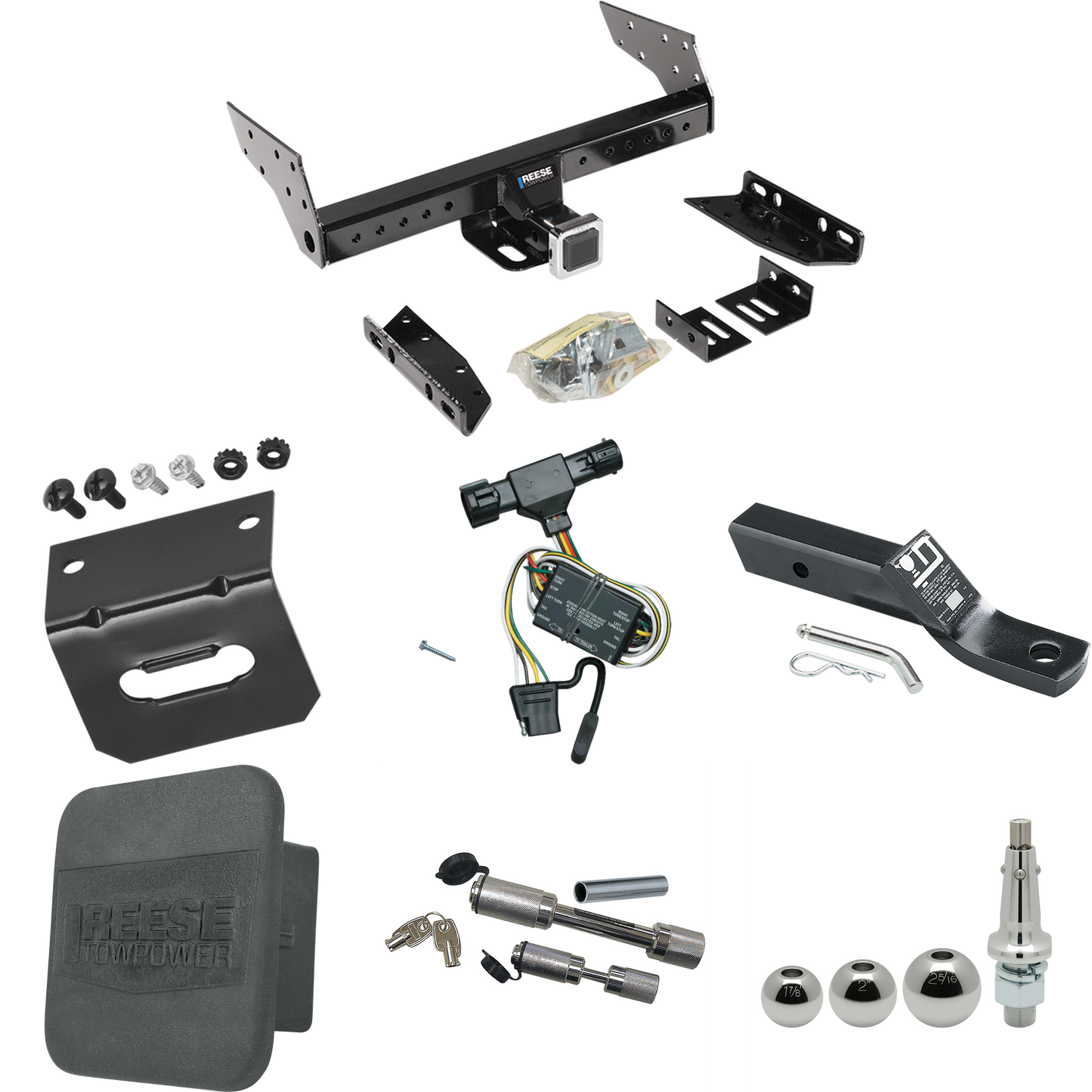 Fits 1994-2009 Mazda B4000 Trailer Hitch Tow PKG w/ 4-Flat Wiring + Ball Mount w/ 2" Drop + Interchangeable Ball 1-7/8" & 2" & 2-5/16" + Wiring Bracket + Dual Hitch & Coupler Locks + Hitch Cover By Reese Towpower