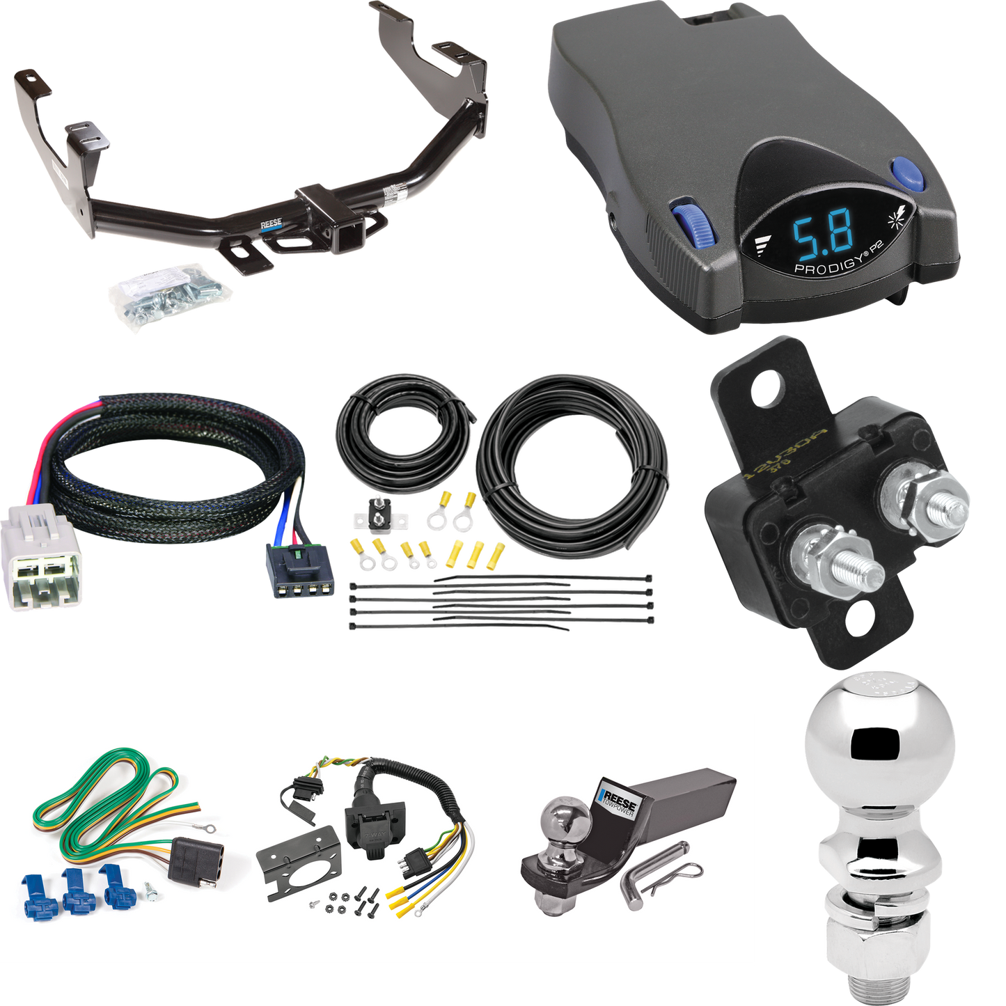 Fits 2005-2007 Ford F-250 Super Duty Trailer Hitch Tow PKG w/ Tekonsha Prodigy P2 Brake Control + Plug & Play BC Adapter + 7-Way RV Wiring + 2" & 2-5/16" Ball & Drop Mount (Excludes: Cab & Chassis Models) By Reese Towpower