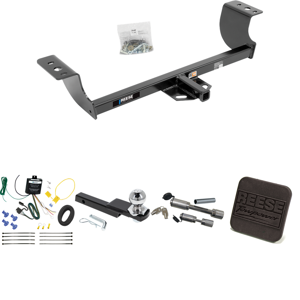 Fits 2008-2010 Chrysler 300 Trailer Hitch Tow PKG w/ 4-Flat Wiring Harness + Interlock Starter Kit w/ 2" Ball 1-1/4" Drop 3/4" Rise + Hitch Cover + Dual Hitch & Coupler Locks By Reese Towpower