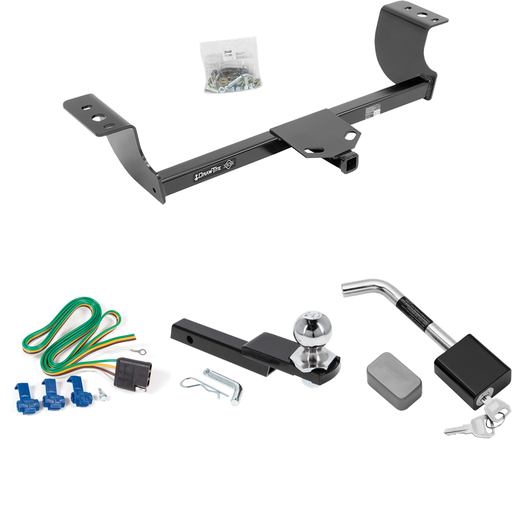 Fits 2008-2014 Dodge Challenger Trailer Hitch Tow PKG w/ 4-Flat Wiring Harness + Interlock Starter Kit w/ 2" Ball 1-1/4" Drop 3/4" Rise + Hitch Lock (Excludes: w/Quad Tip Exhaust Models) By Draw-Tite