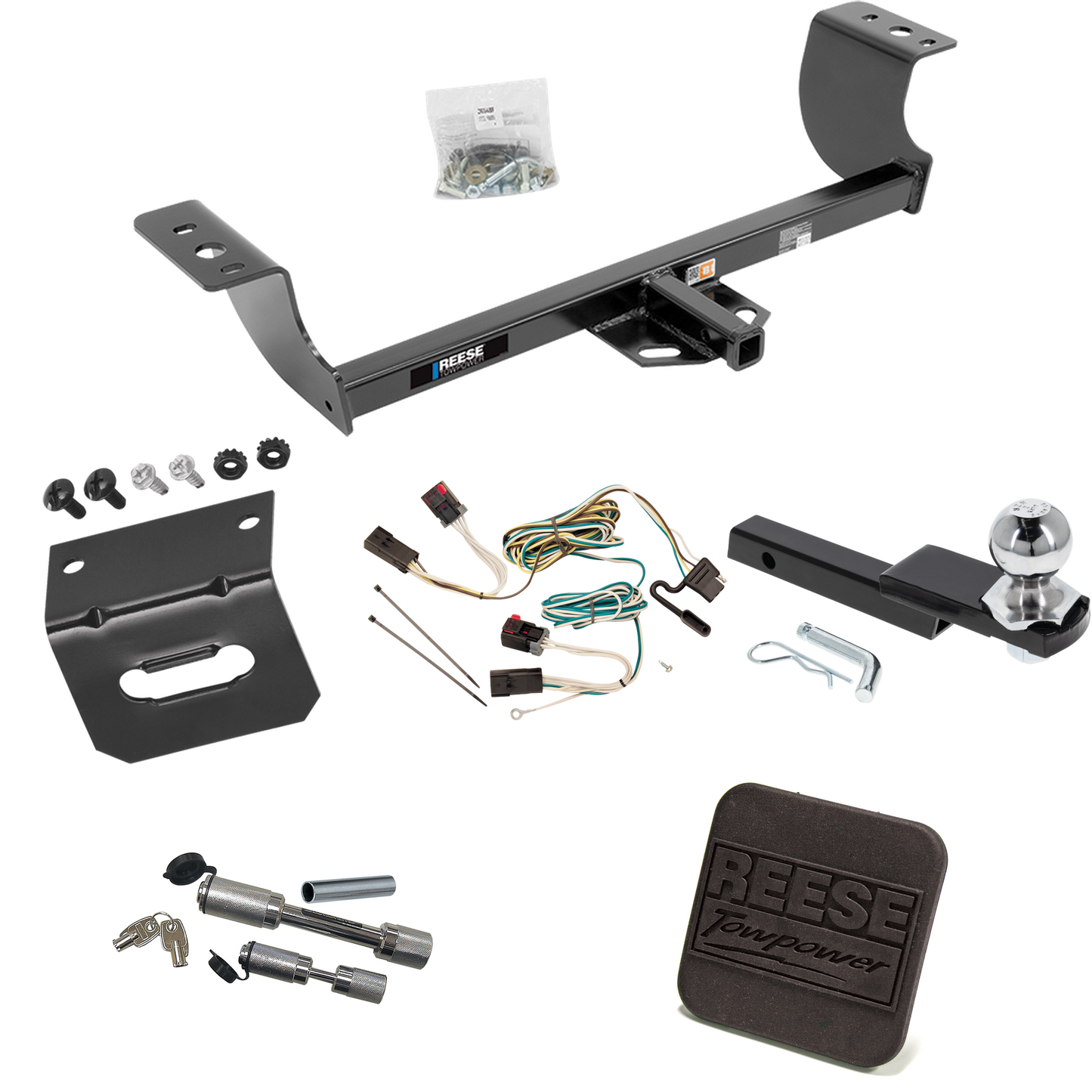 Fits 2006-2010 Dodge Charger Trailer Hitch Tow PKG w/ 4-Flat Wiring Harness + Interlock Starter Kit w/ 2" Ball 1-1/4" Drop 3/4" Rise + Wiring Bracket + Hitch Cover + Dual Hitch & Coupler Locks By Reese Towpower