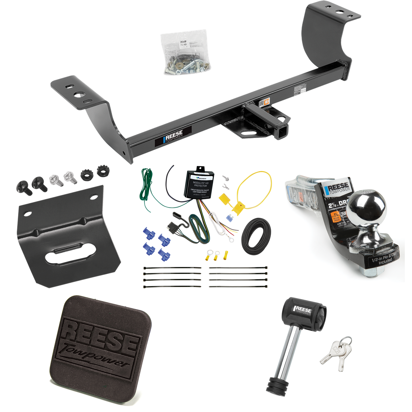 Fits 2005-2008 Dodge Magnum Trailer Hitch Tow PKG w/ 4-Flat Wiring Harness + Interlock Starter Kit w/ 2" Ball 2-1/2" Drop 2" Rise + Wiring Bracket + Hitch Cover + Hitch Lock By Reese Towpower