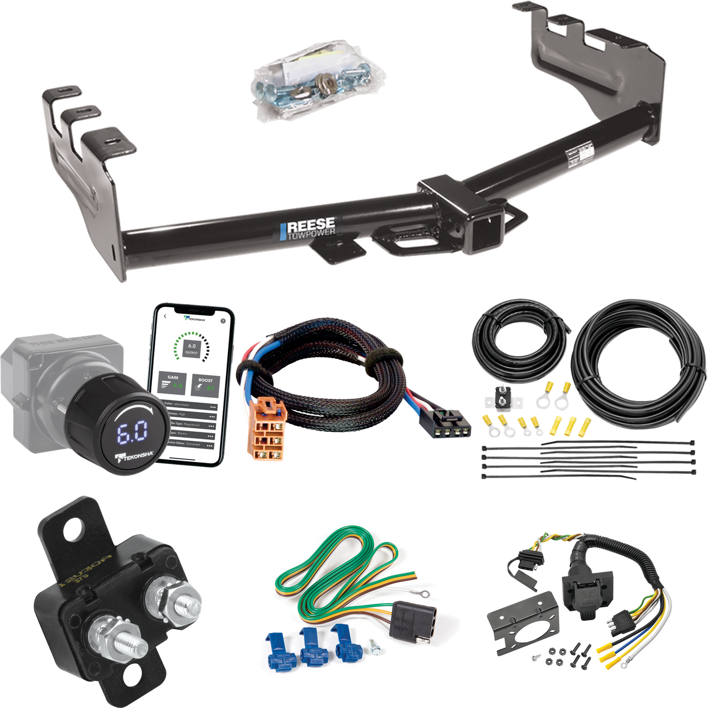 Fits 2003-2004 GMC Sierra 2500 Trailer Hitch Tow PKG w/ Tekonsha Prodigy iD Bluetooth Wireless Brake Control + Plug & Play BC Adapter + 7-Way RV Wiring By Reese Towpower