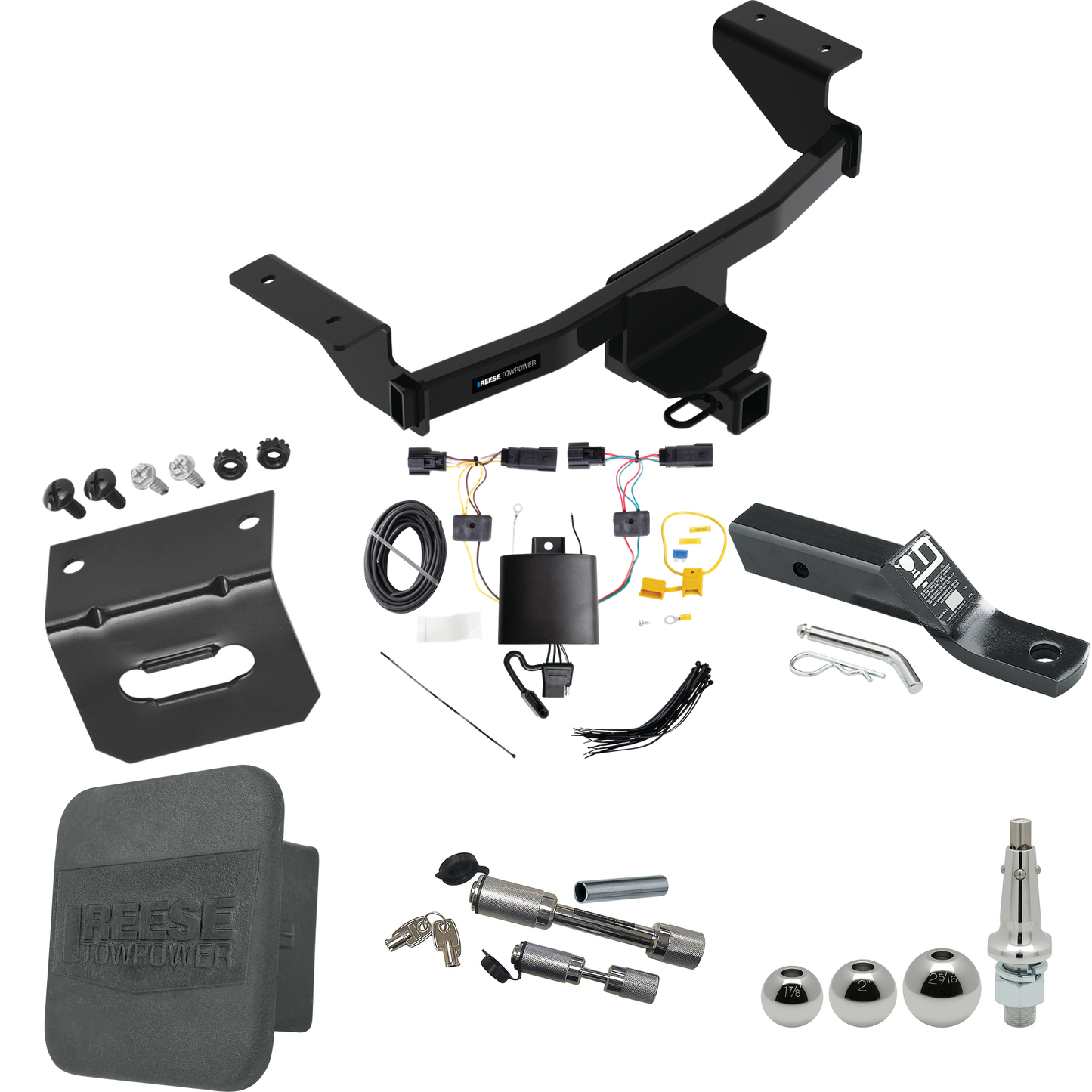 Fits 2021-2023 Ford Mustang Mach-E Trailer Hitch Tow PKG w/ 4-Flat Wiring + Ball Mount w/ 2" Drop + Interchangeable Ball 1-7/8" & 2" & 2-5/16" + Wiring Bracket + Dual Hitch & Coupler Locks + Hitch Cover By Reese Towpower