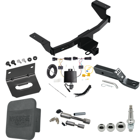 Fits 2021-2023 Ford Mustang Mach-E Trailer Hitch Tow PKG w/ 4-Flat Wiring + Ball Mount w/ 2" Drop + Interchangeable Ball 1-7/8" & 2" & 2-5/16" + Wiring Bracket + Dual Hitch & Coupler Locks + Hitch Cover By Reese Towpower