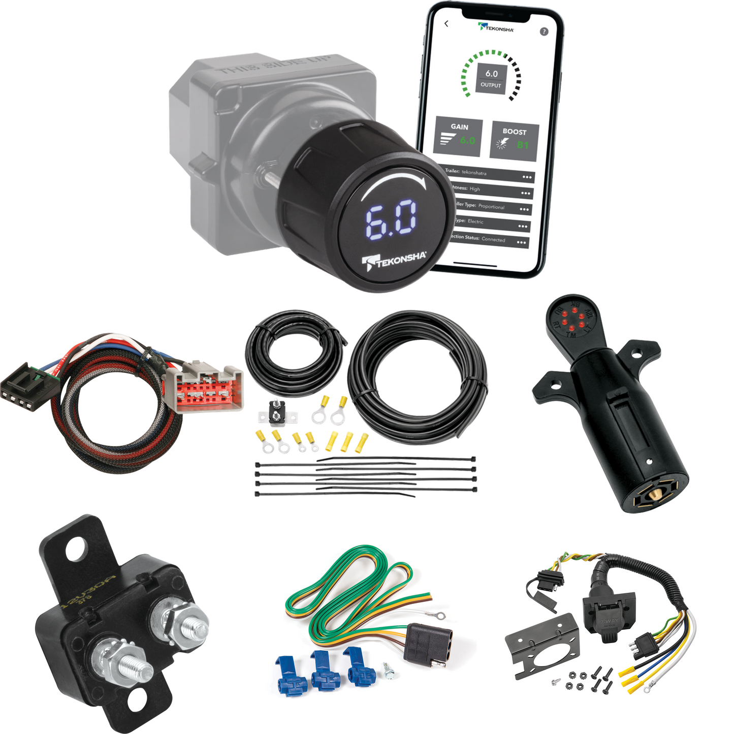 Se adapta al cableado de RV de 7 vías Ford F-250 Super Duty 2008-2020 + control de freno inalámbrico Bluetooth Tekonsha Prodigy iD + adaptador BC Plug &amp; Play + probador de 7 vías de Reese Towpower