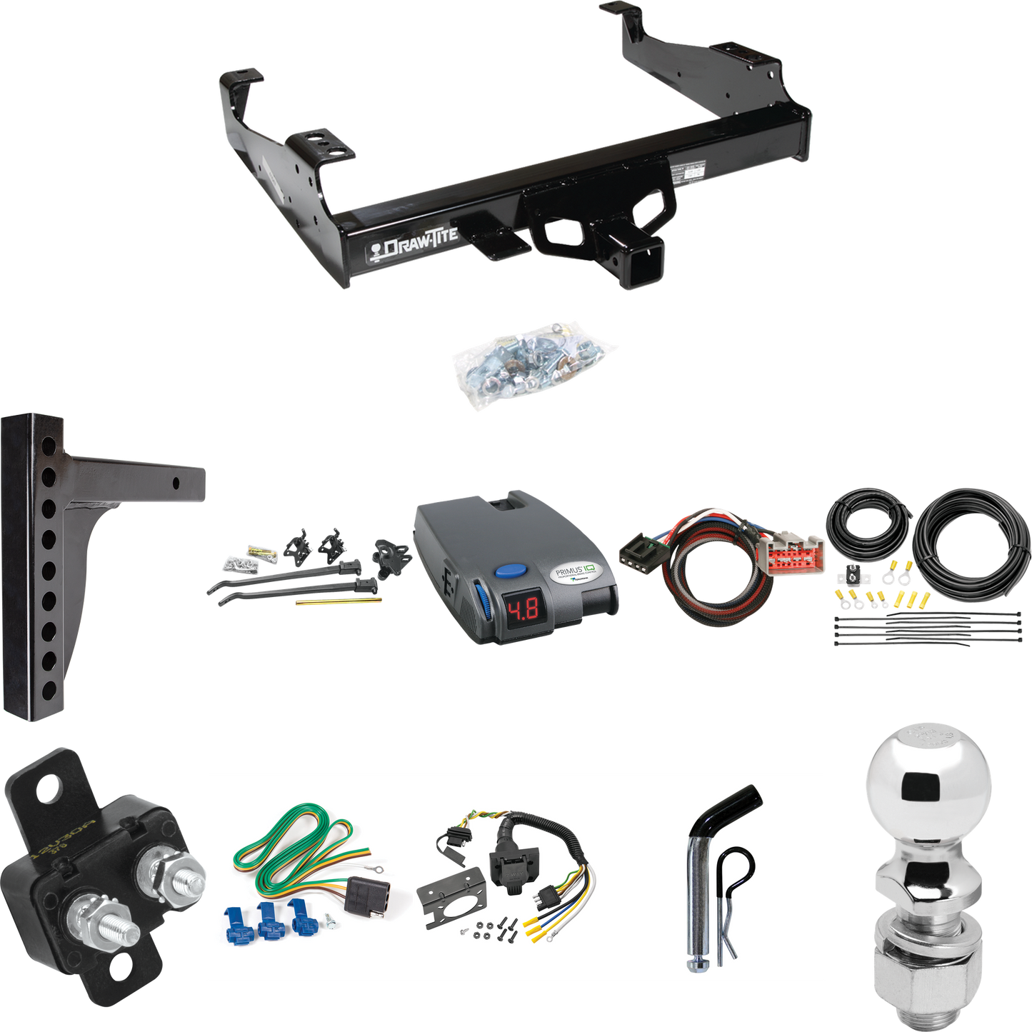 Fits 1999-2004 Ford F-550 Super Duty Trailer Hitch Tow PKG w/ 12K Trunnion Bar Weight Distribution Hitch + Pin/Clip + 2-5/16" Ball + Tekonsha Primus IQ Brake Control + Plug & Play BC Adapter + 7-Way RV Wiring (For Cab & Chassis, w/34" Wide Frames Mod