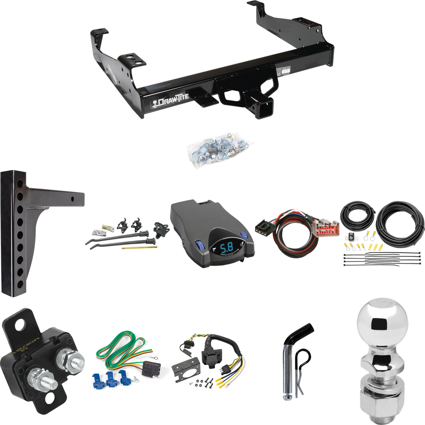 Fits 1999-2004 Ford F-450 Super Duty Trailer Hitch Tow PKG w/ 12K Trunnion Bar Weight Distribution Hitch + Pin/Clip + 2-5/16" Ball + Tekonsha Prodigy P2 Brake Control + Plug & Play BC Adapter + 7-Way RV Wiring (For Cab & Chassis, w/34" Wide Frames Mo