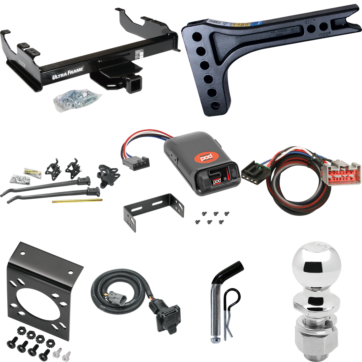 Fits 1999-2000 Ford F-350 Super Duty Trailer Hitch Tow PKG w/ 15K Trunnion Bar Weight Distribution Hitch + Pin/Clip + 2-5/16" Ball + Pro Series POD Brake Control + Plug & Play BC Adapter + 7-Way RV Wiring (For Cab & Chassis, w/34" Wide Frames Models)