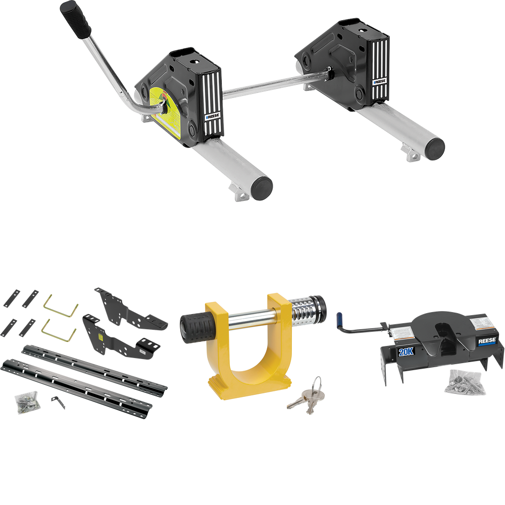 Fits 2007-2010 GMC Sierra 3500 HD Custom Industry Standard Above Bed Rail Kit + 20K Fifth Wheel + Round Tube Slider + King Pin Lock (For 6-1/2' or Shorter Bed, w/o Factory Puck System Models) By Reese