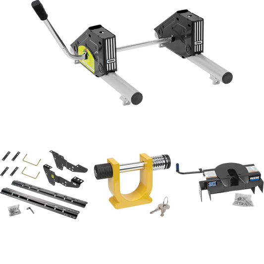 Fits 2007-2010 GMC Sierra 3500 HD Custom Industry Standard Above Bed Rail Kit + 20K Fifth Wheel + Round Tube Slider + King Pin Lock (For 6-1/2' or Shorter Bed, w/o Factory Puck System Models) By Reese