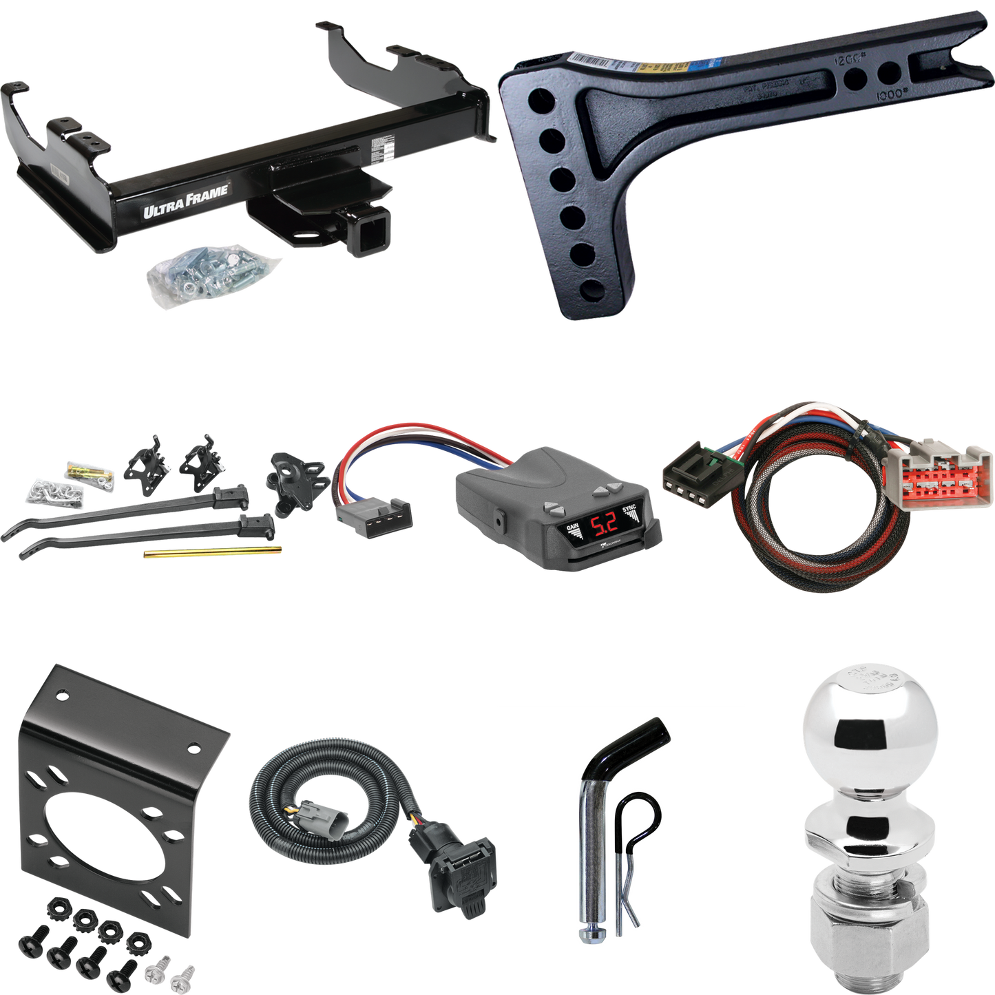 Fits 1999-2000 Ford F-350 Super Duty Trailer Hitch Tow PKG w/ 15K Trunnion Bar Weight Distribution Hitch + Pin/Clip + 2-5/16" Ball + Tekonsha Brakeman IV Brake Control + Plug & Play BC Adapter + 7-Way RV Wiring (For Cab & Chassis, w/34" Wide Frames M