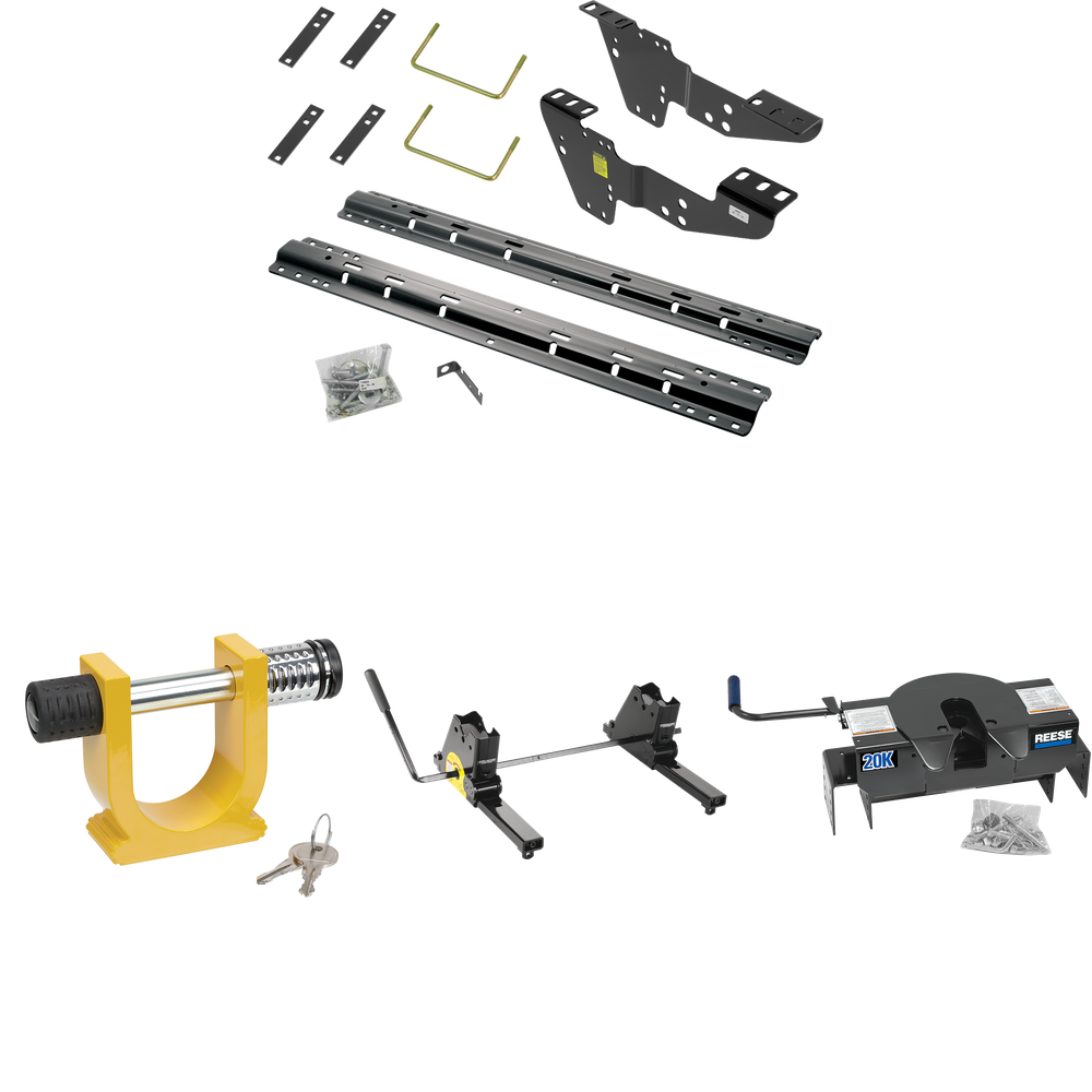 Fits 2007-2010 GMC Sierra 3500 HD Custom Industry Standard Above Bed Rail Kit + 20K Fifth Wheel + Square Slider + King Pin Lock (For 6-1/2' or Shorter Bed, w/o Factory Puck System Models) By Reese