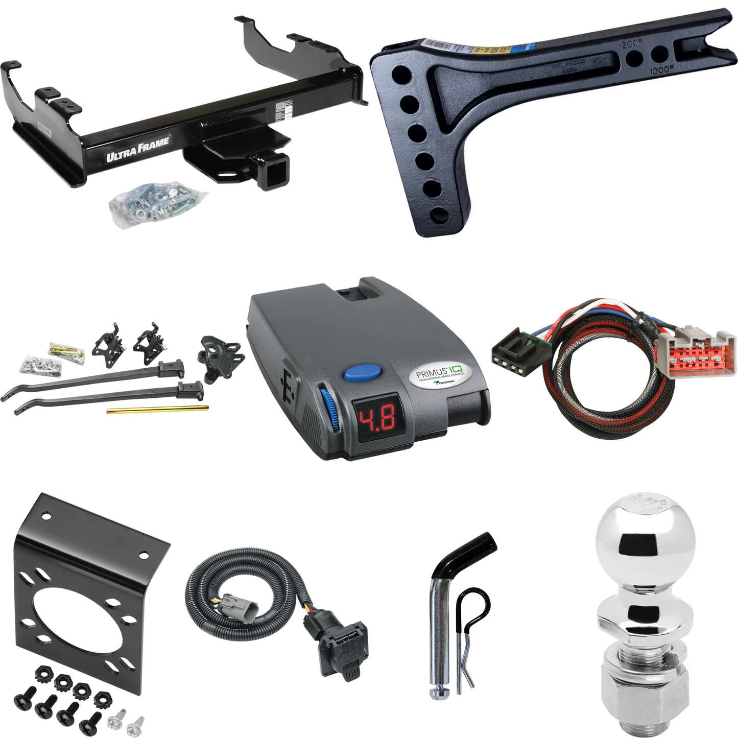 Fits 1999-2000 Ford F-350 Super Duty Trailer Hitch Tow PKG w/ 15K Trunnion Bar Weight Distribution Hitch + Pin/Clip + 2-5/16" Ball + Tekonsha Primus IQ Brake Control + Plug & Play BC Adapter + 7-Way RV Wiring (For Cab & Chassis, w/34" Wide Frames Mod