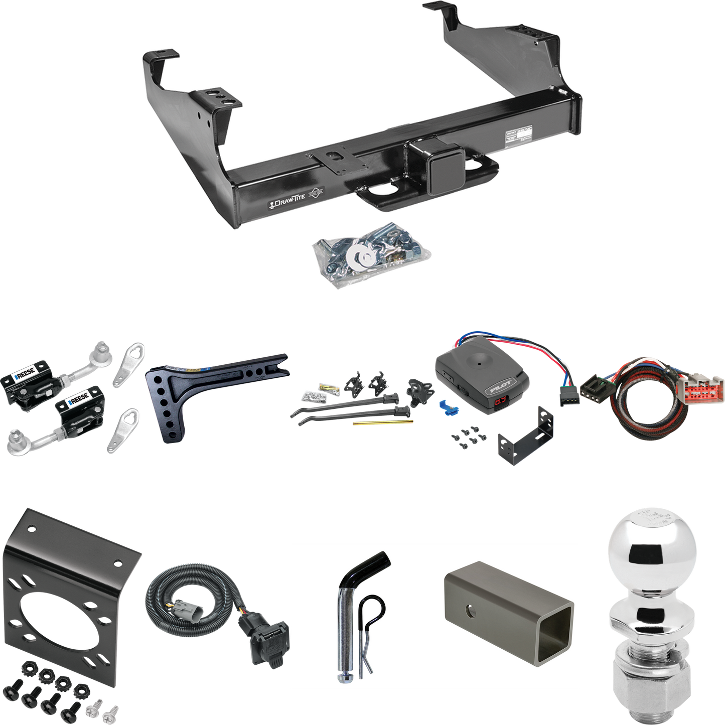 Fits 1999-2000 Ford F-350 Super Duty Trailer Hitch Tow PKG w/ 15K Trunnion Bar Weight Distribution Hitch + Pin/Clip + Dual Cam Sway Control + 2-5/16" Ball + Pro Series Pilot Brake Control + Plug & Play BC Adapter + 7-Way RV Wiring (For Cab & Chassis,