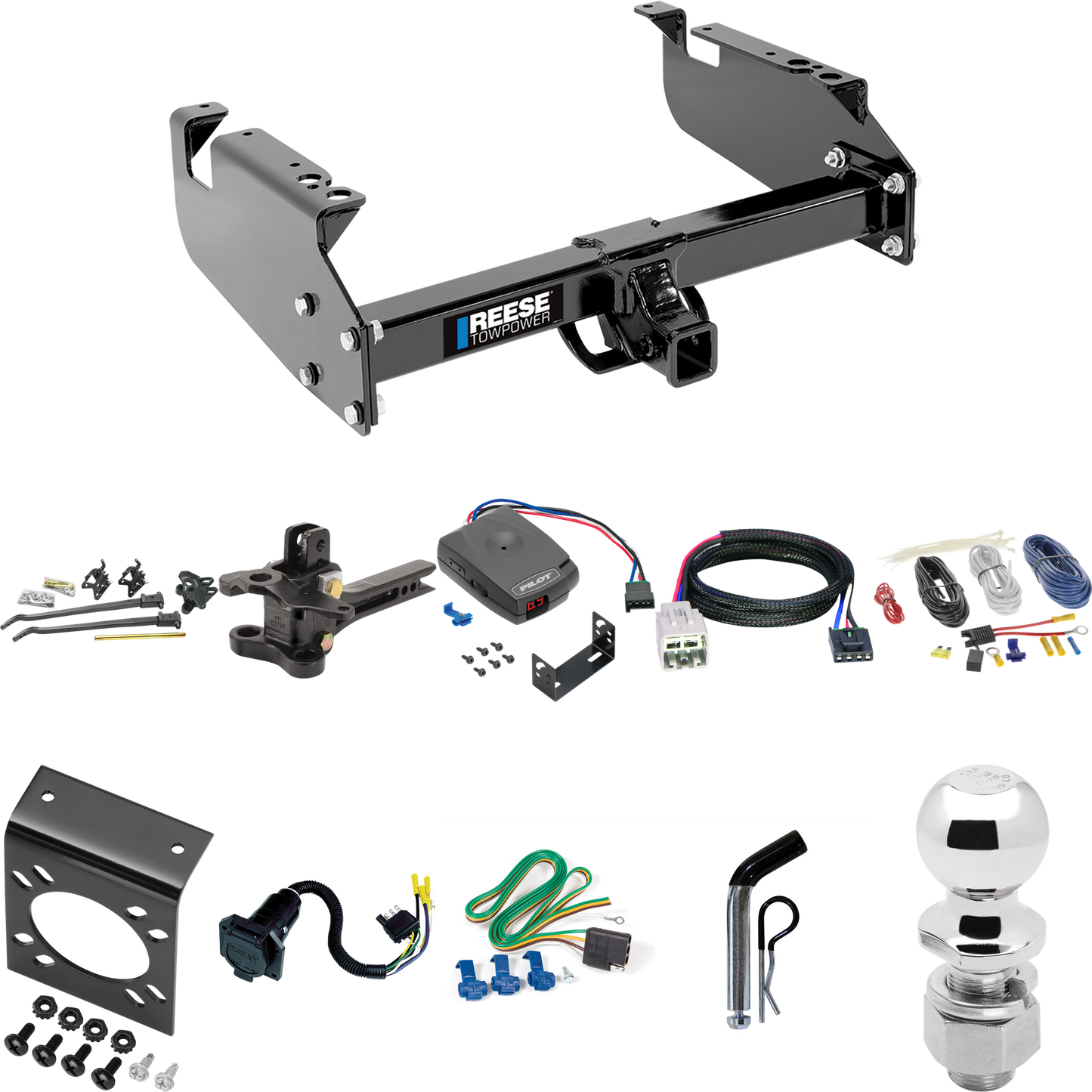 Fits 2005-2007 Ford F-350 Super Duty Trailer Hitch Tow PKG w/ 17K Trunnion Bar Weight Distribution Hitch + Pin/Clip + 2-5/16" Ball + Pro Series Pilot Brake Control + Plug & Play BC Adapter + 7-Way RV Wiring (For Cab & Chassis, w/34" Wide Frames Model