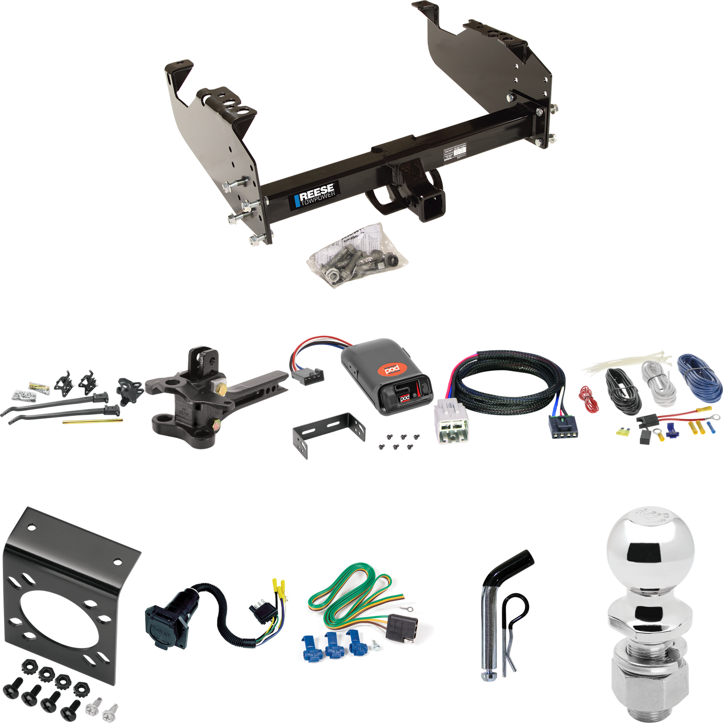 Fits 2005-2007 Ford F-550 Super Duty Trailer Hitch Tow PKG w/ 17K Trunnion Bar Weight Distribution Hitch + Pin/Clip + 2-5/16" Ball + Pro Series POD Brake Control + Plug & Play BC Adapter + 7-Way RV Wiring (For Cab & Chassis, w/34" Wide Frames Models)