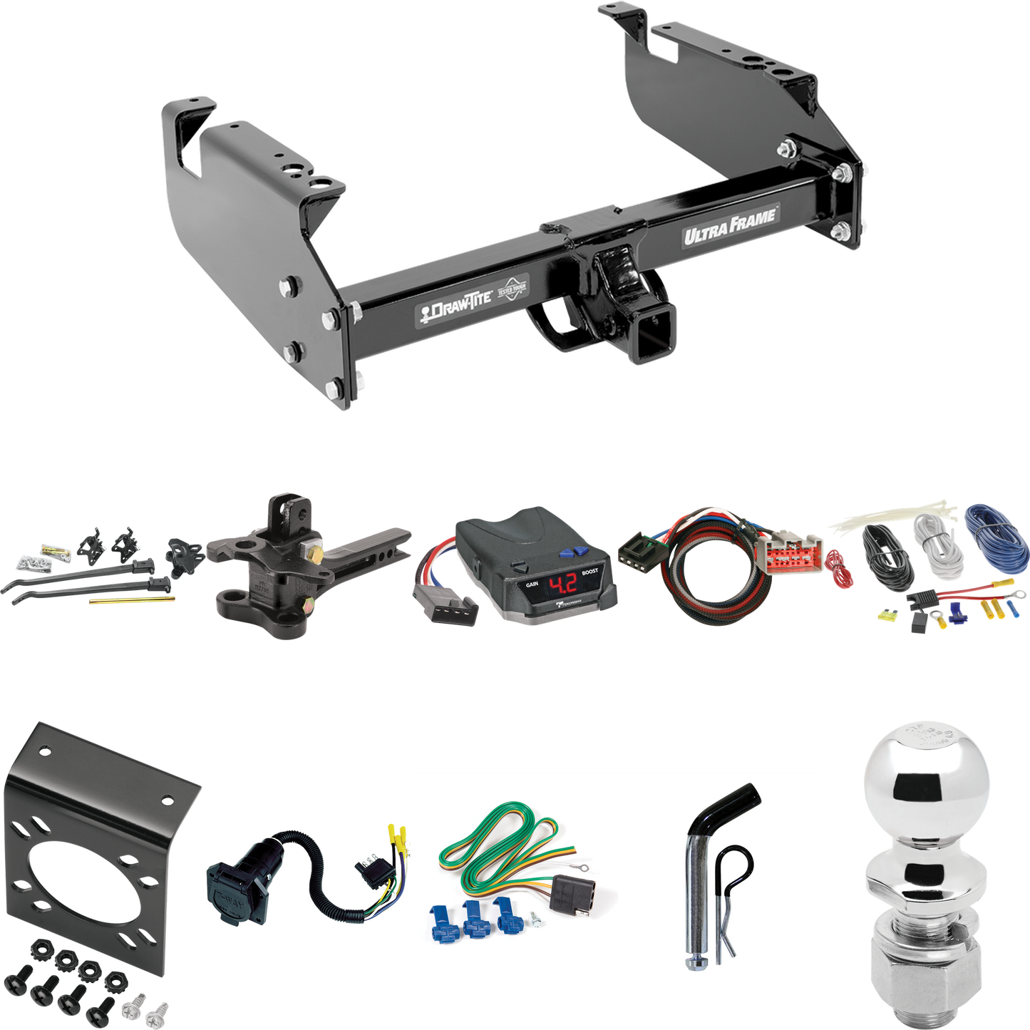 Fits 2017-2019 Ford F-450 Super Duty Trailer Hitch Tow PKG w/ 17K Trunnion Bar Weight Distribution Hitch + Pin/Clip + 2-5/16" Ball + Tekonsha BRAKE-EVN Brake Control + Plug & Play BC Adapter + 7-Way RV Wiring (For Cab & Chassis, w/34" Wide Frames Mod