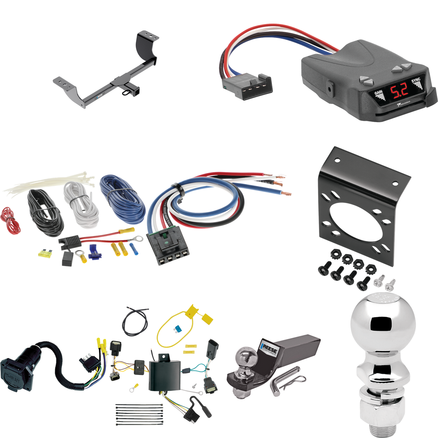 Fits 2015-2023 Chrysler 300 Trailer Hitch Tow PKG w/ Tekonsha Brakeman IV Brake Control + Generic BC Wiring Adapter + 7-Way RV Wiring + 2" & 2-5/16" Ball & Drop Mount By Reese Towpower