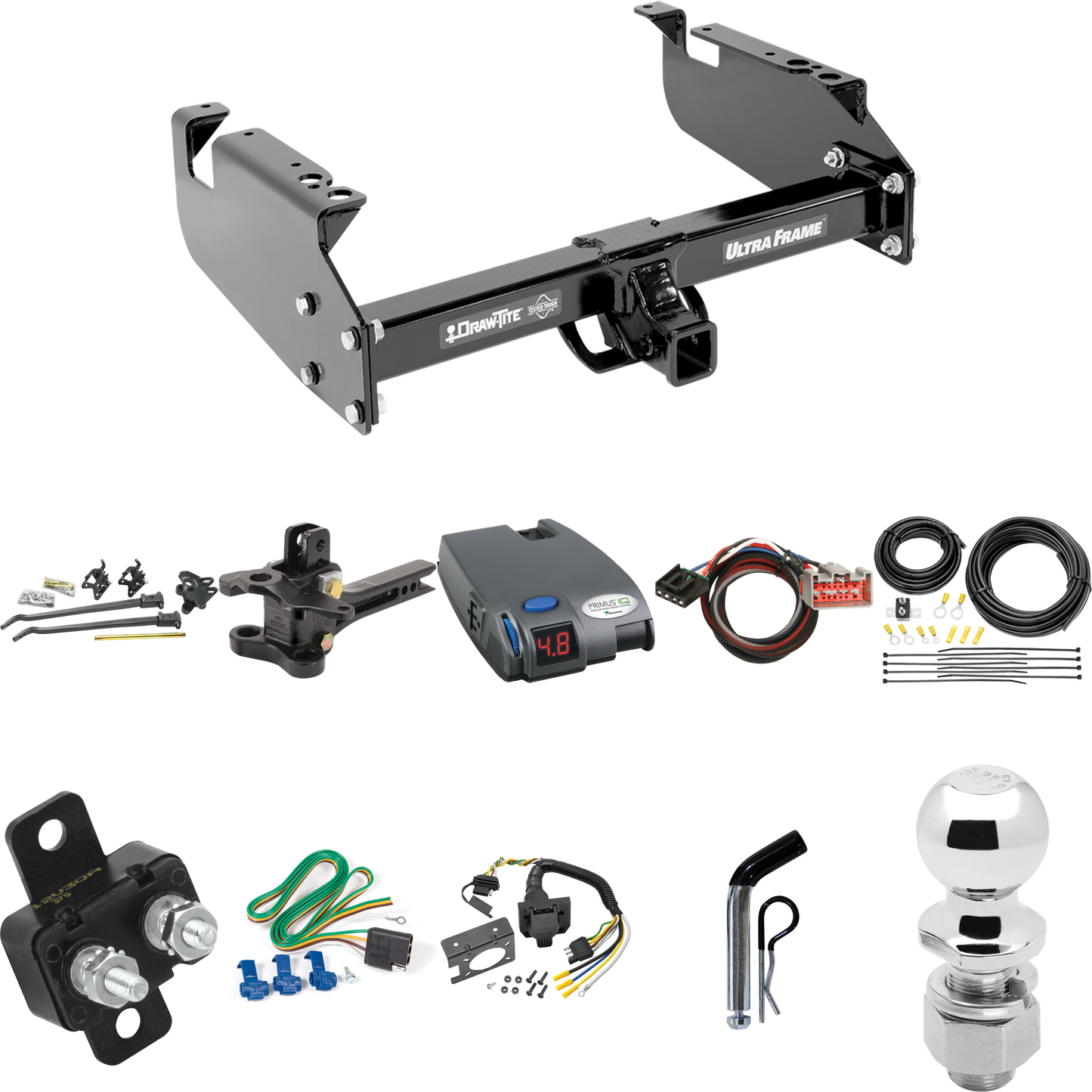 Fits 2001-2004 Ford F-350 Super Duty Trailer Hitch Tow PKG w/ 17K Trunnion Bar Weight Distribution Hitch + Pin/Clip + 2-5/16" Ball + Tekonsha Primus IQ Brake Control + Plug & Play BC Adapter + 7-Way RV Wiring (For Cab & Chassis, w/34" Wide Frames Mod