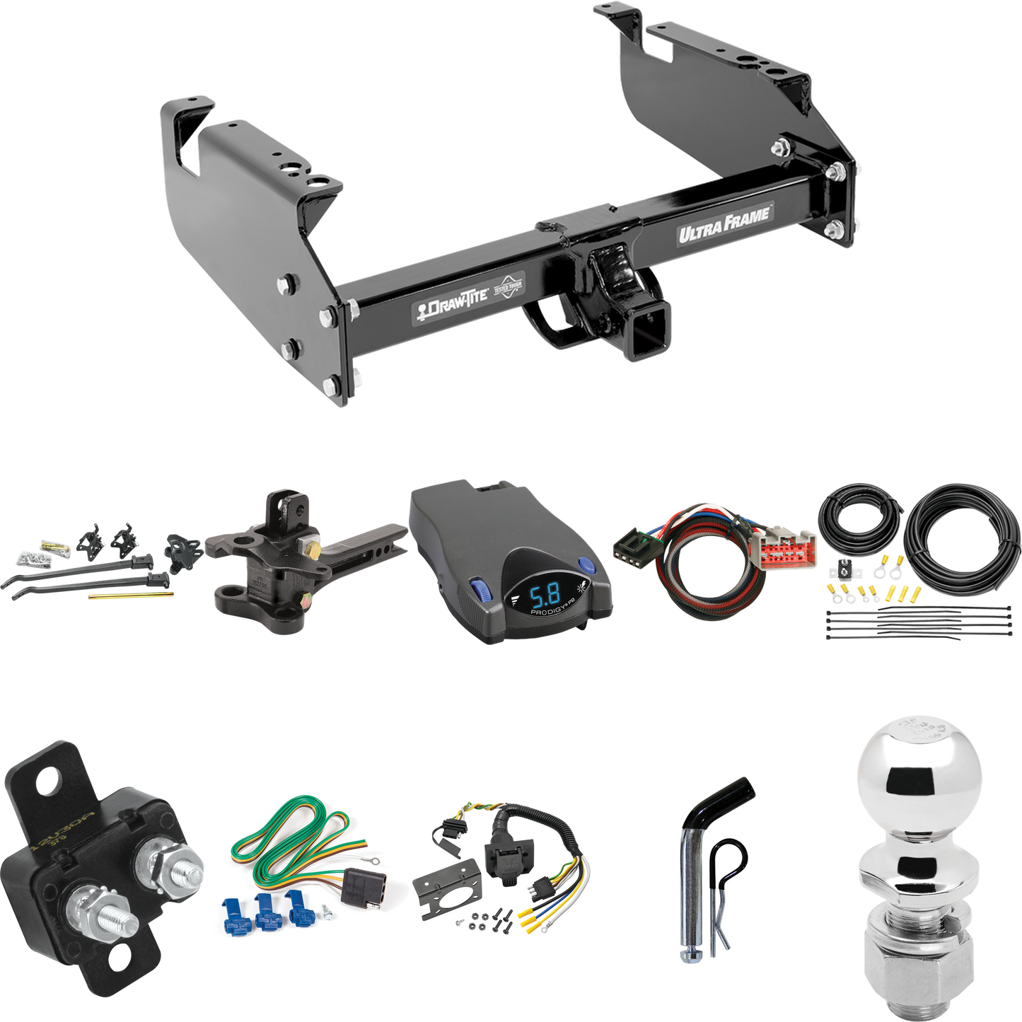 Fits 2017-2019 Ford F-550 Super Duty Trailer Hitch Tow PKG w/ 17K Trunnion Bar Weight Distribution Hitch + Pin/Clip + 2-5/16" Ball + Tekonsha Prodigy P2 Brake Control + Plug & Play BC Adapter + 7-Way RV Wiring (For Cab & Chassis, w/34" Wide Frames Mo