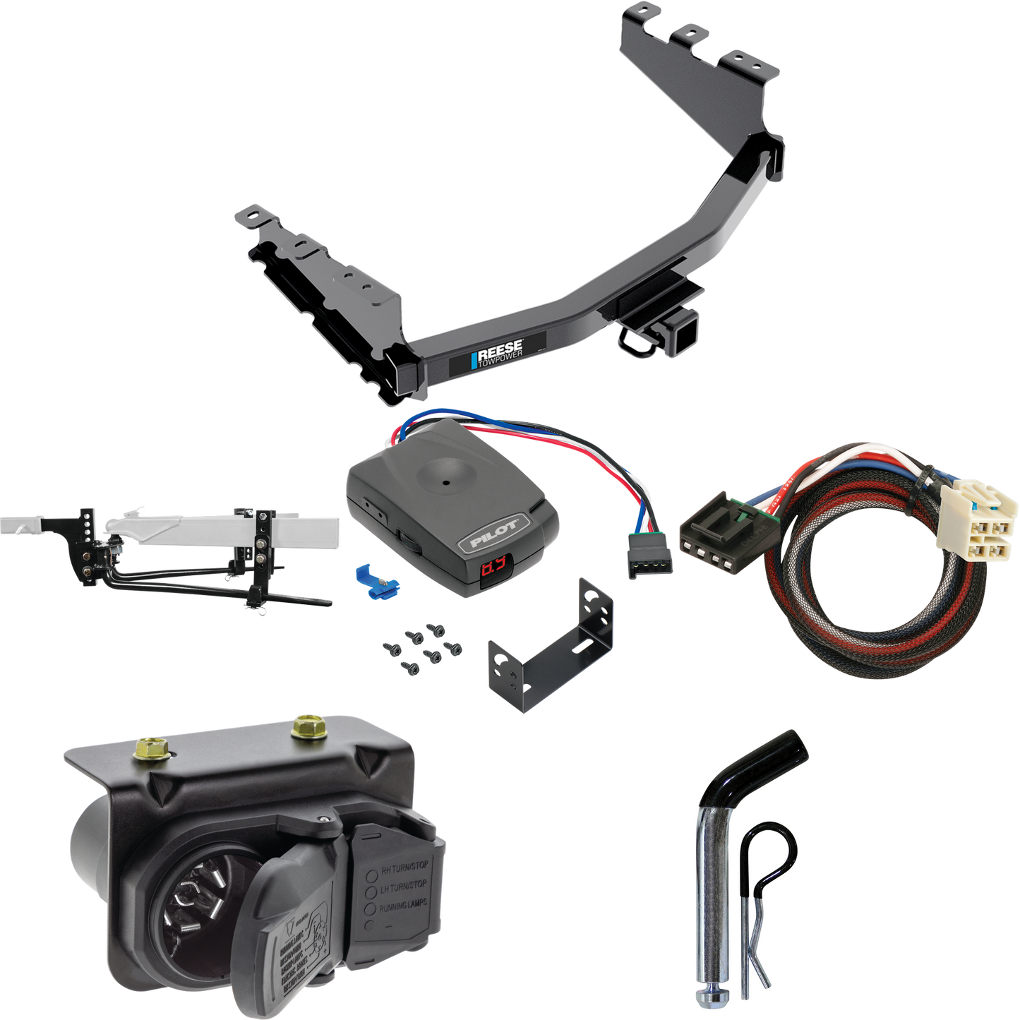 Fits 2019-2019 GMC Sierra 1500 LD (Old Body) Trailer Hitch Tow PKG w/ 11.5K Round Bar Weight Distribution Hitch w/ 2-5/16" Ball + Pin/Clip + Pro Series Pilot Brake Control + Plug & Play BC Adapter + 7-Way RV Wiring By Reese Towpower