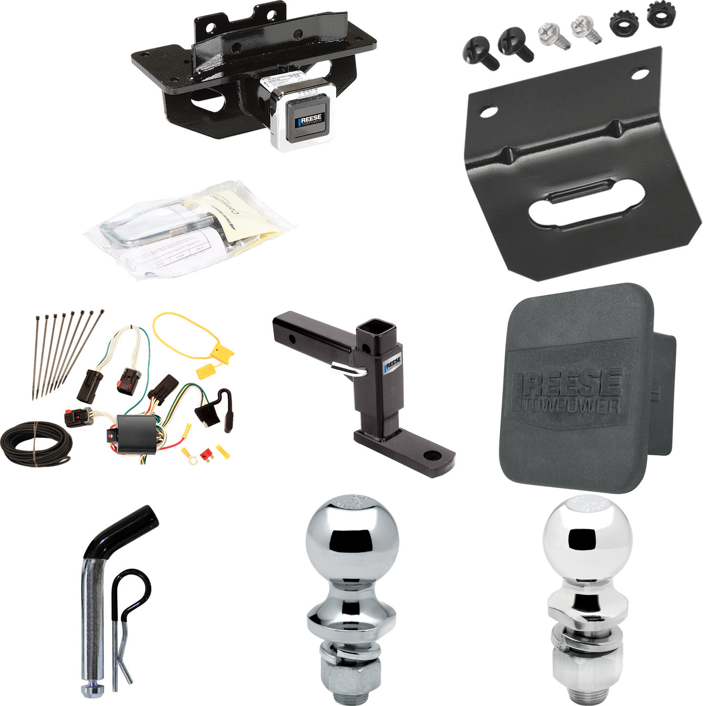 Fits 2007-2009 Chrysler Aspen Trailer Hitch Tow PKG w/ 4-Flat Wiring + Adjustable Drop Rise Ball Mount + Pin/Clip + 2" Ball + 1-7/8" Ball + Wiring Bracket + Hitch Cover By Reese Towpower