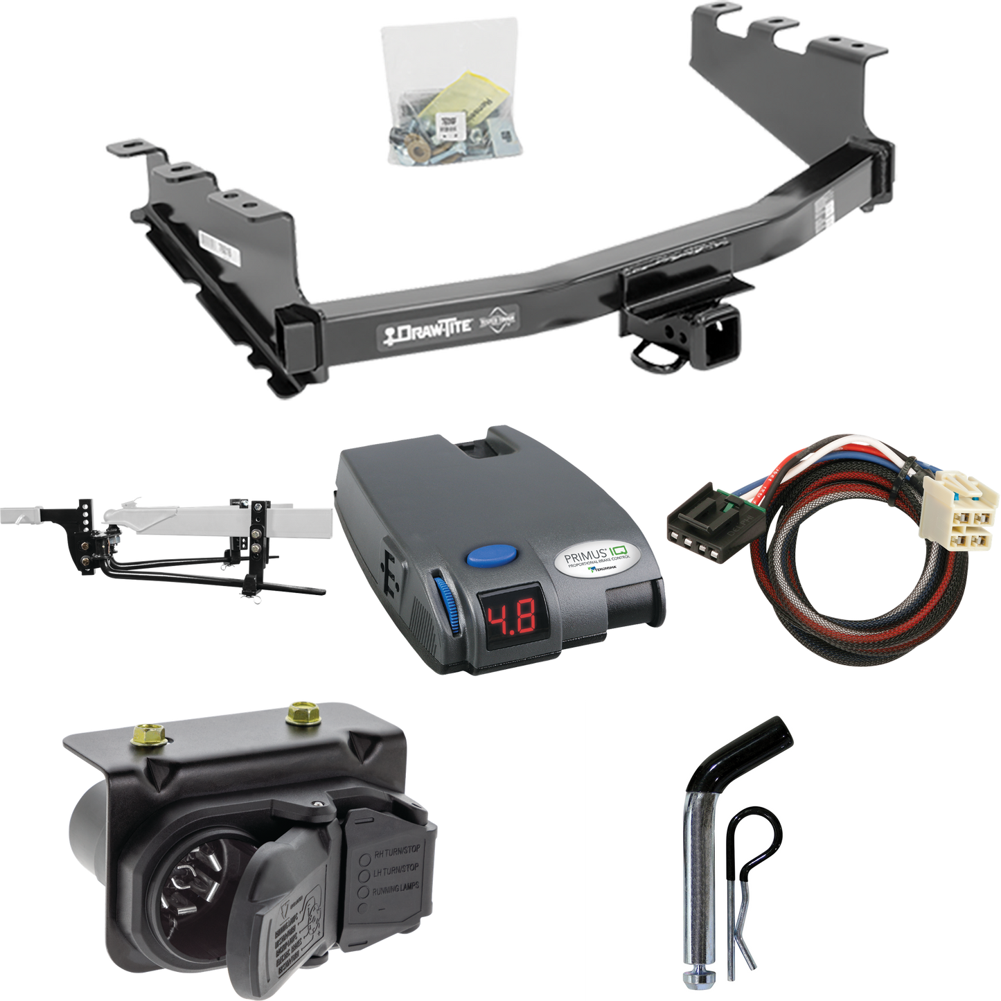 Fits 2019-2019 Chevrolet Silverado 1500 LD (Old Body) Trailer Hitch Tow PKG w/ 11.5K Round Bar Weight Distribution Hitch w/ 2-5/16" Ball + Pin/Clip + Tekonsha Primus IQ Brake Control + Plug & Play BC Adapter + 7-Way RV Wiring By Draw-Tite